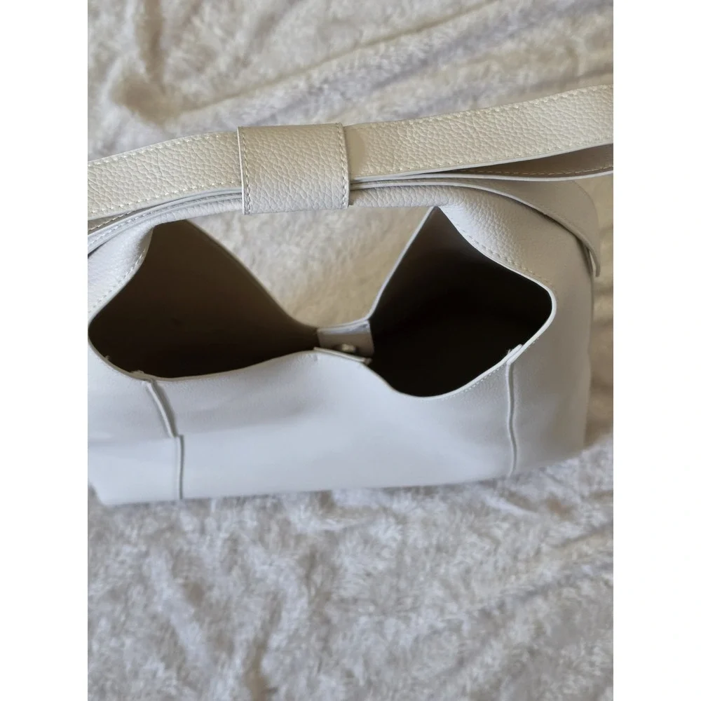 Large Pebbled Beige Vegan Leather Hobo Shoulder Bag Large Bow Strap